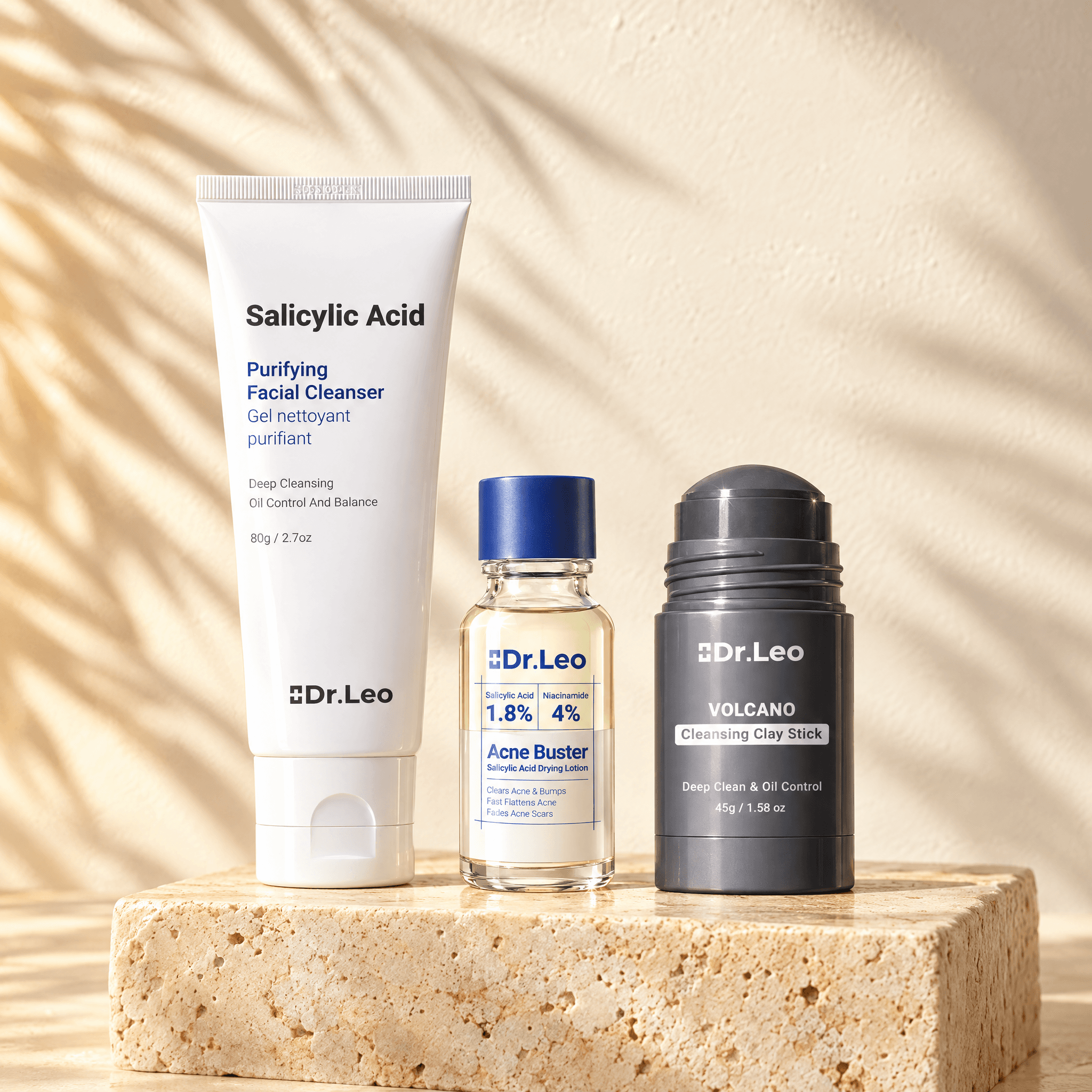 Kit Pele Limpa 3 Passos — Gel de Limpeza + Bastão de Argila + Loção Secativa Plus