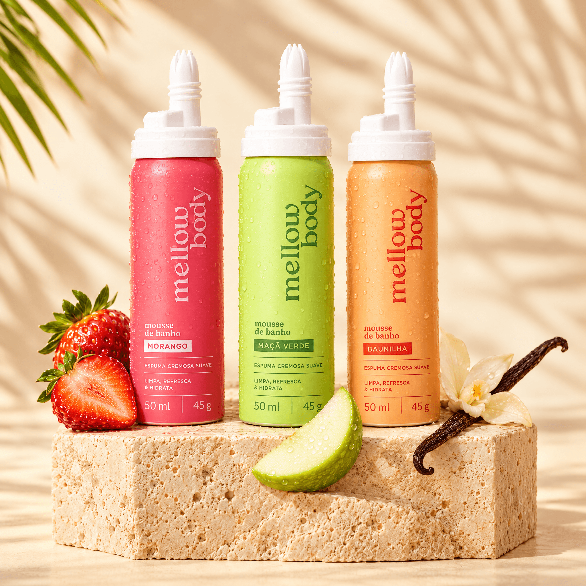 Mellow Body — Kit 3 Mousses de Banho com Textura de Chantilly (Morango, Maçã Verde e Baunilha)